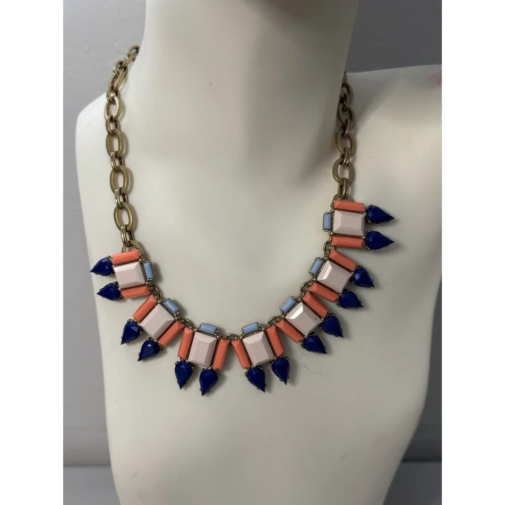 J. Crew Statement Necklace Gold tone Blue‎ Peach baguette spike Tribal Aztec 18